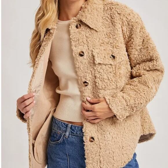 Boucle Button Front Woven Shacket Jacket Creamy Latte - Picture 1 of 11